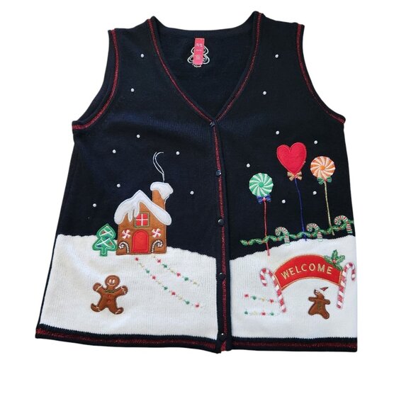 Hansel & Gretel Style Christmas Sweater Vest Gingerbread House Snow XL 16-18 EUC - Picture 1 of 12